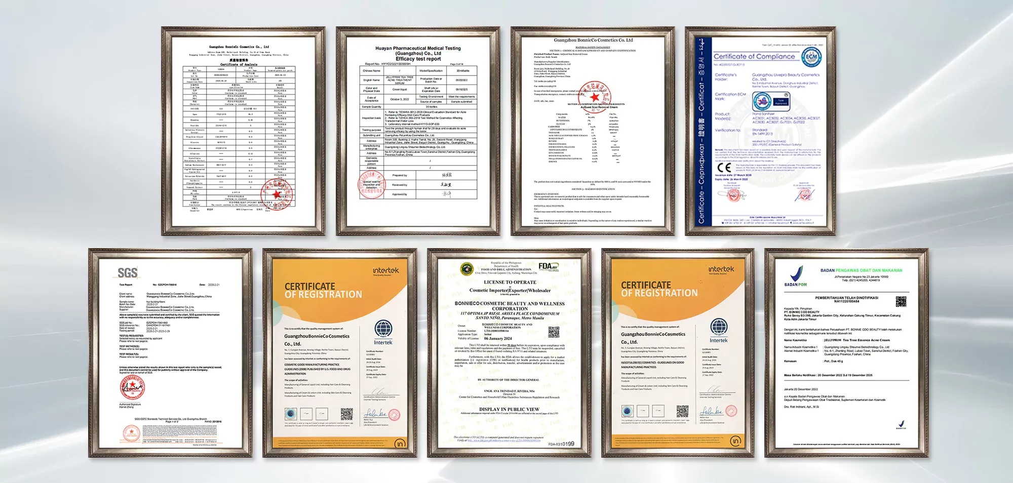 Framed certificates, a certificate of analysis, safety information and test reports displayed by BonnieCo