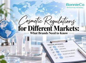 Skincare containers, world map and cosmetic regulations checklist for different markets