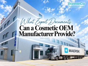 BonnieCo factory and container truck with a title about cosmetic OEM export documents