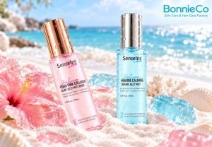 Pink PDRN Collagen Glow and blue Marine Calming Repair Jelly Mist Serum bottles on a beach
