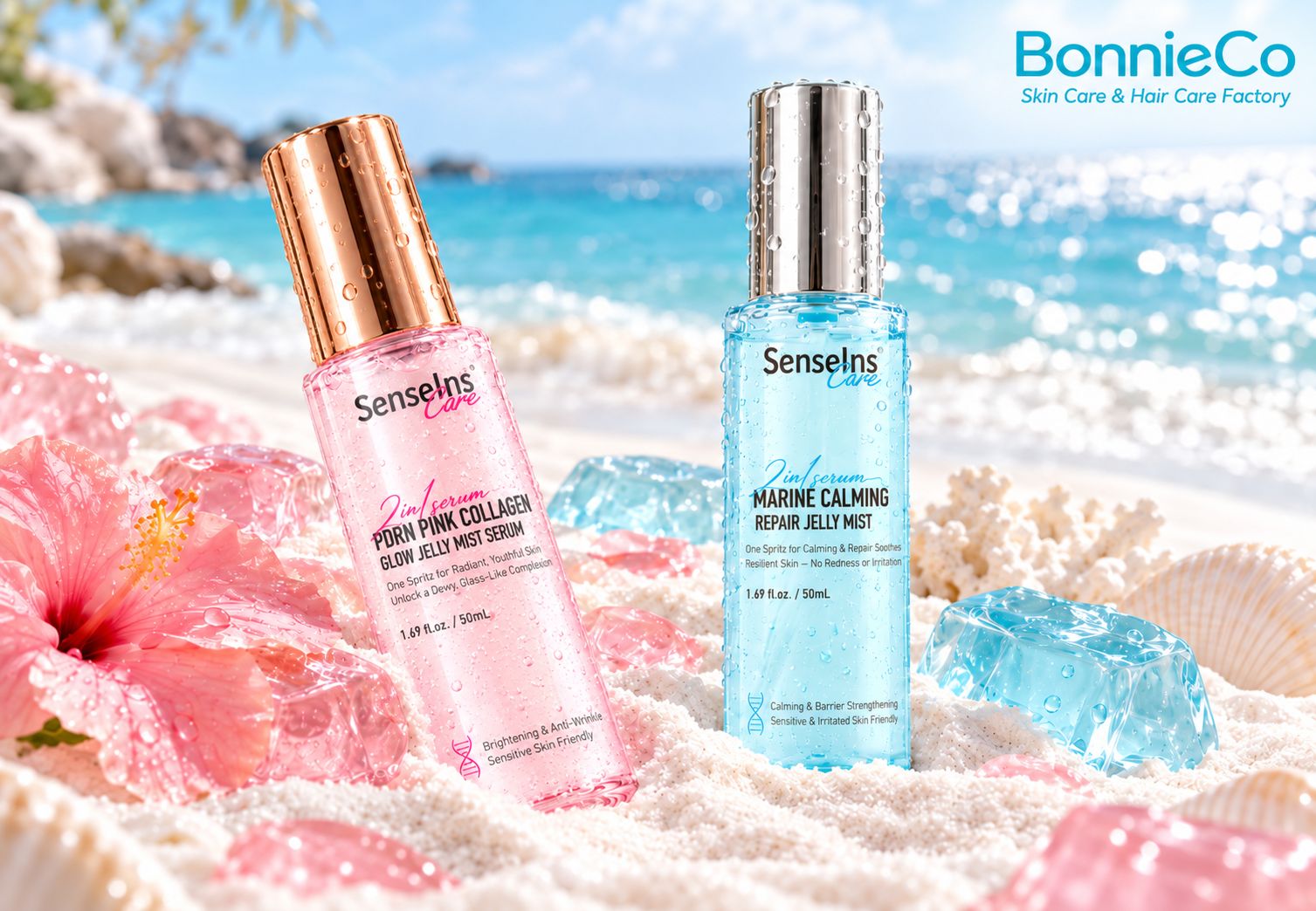Pink PDRN Collagen Glow and blue Marine Calming Repair Jelly Mist Serum bottles on a beach
