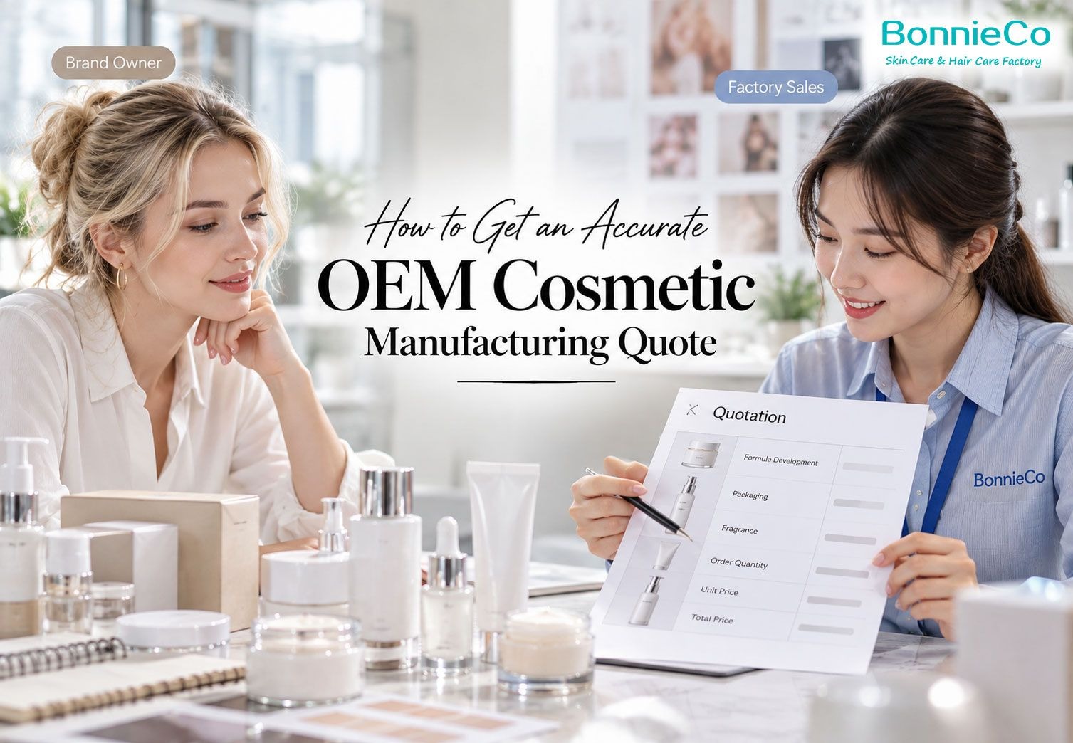BonnieCo cosmetic manufacturing quote illustration with a brand owner and factory representative