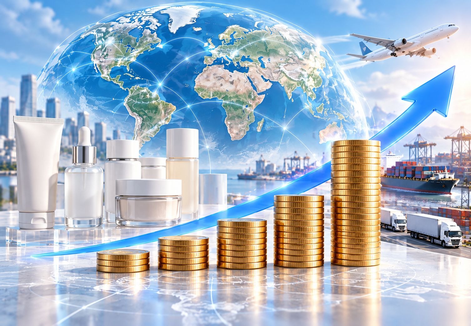 Private label cosmetics cost concept with skincare containers, coin stacks and international transport