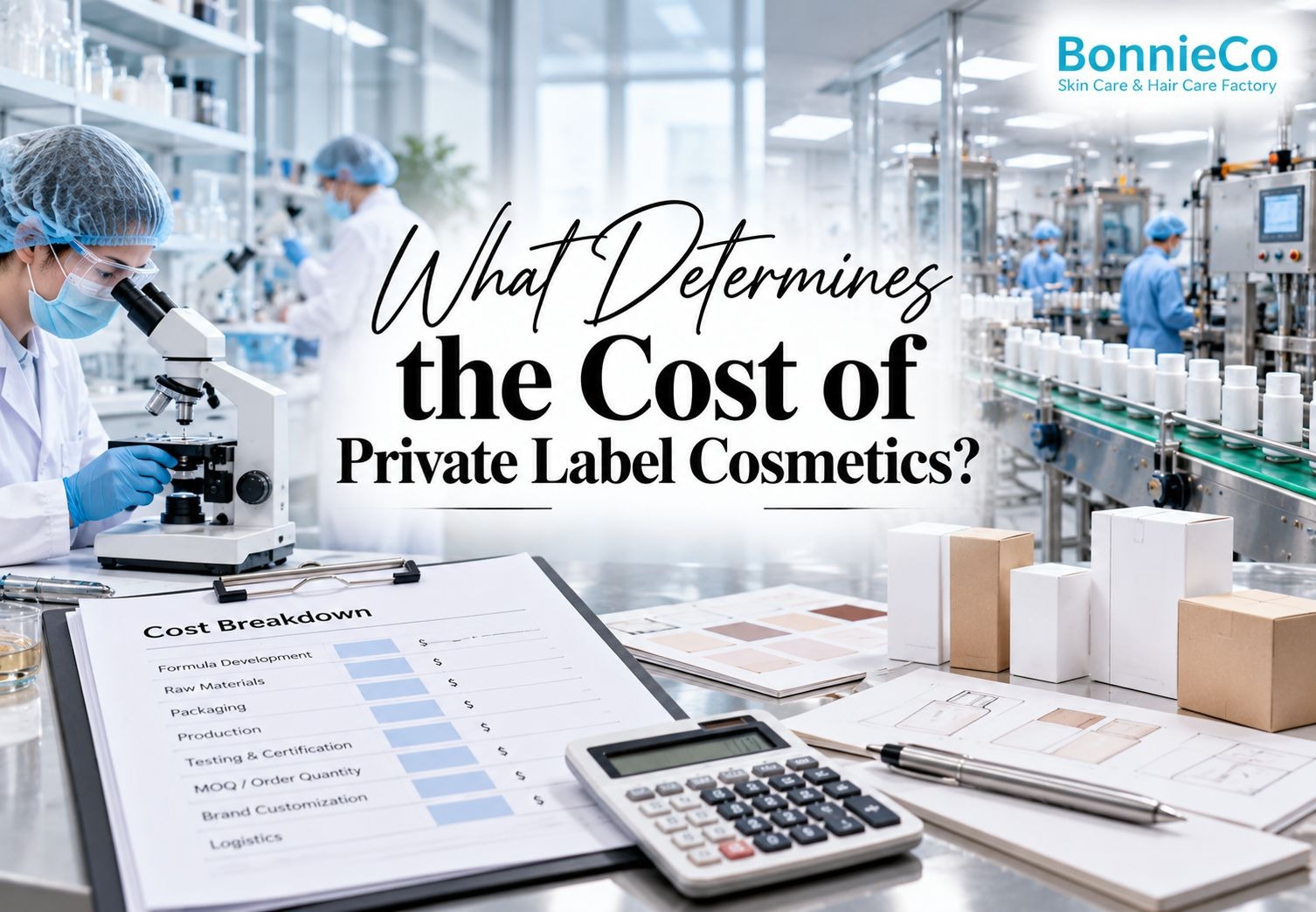 Private label cosmetics cost illustration showing laboratory testing, production and packaging